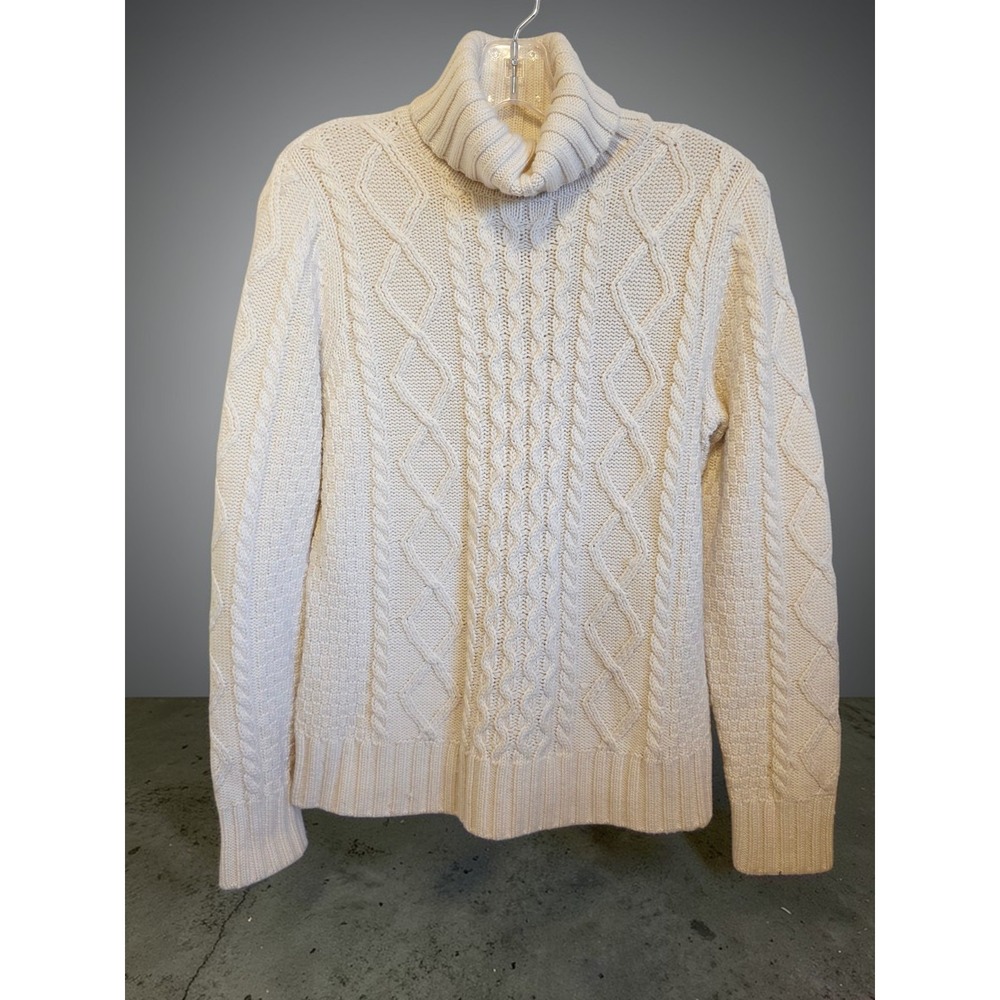 L.L. Bean Women's Cream Wool Blend Classic Cable Knit Turtleneck Sweater Large